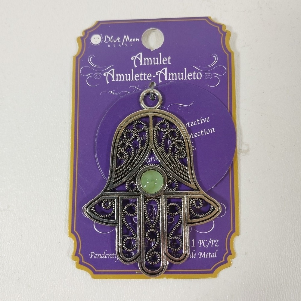 The Hamsa Hand Amulet Metal  Pendant‎ with Stone Protection Blue Moon Beads